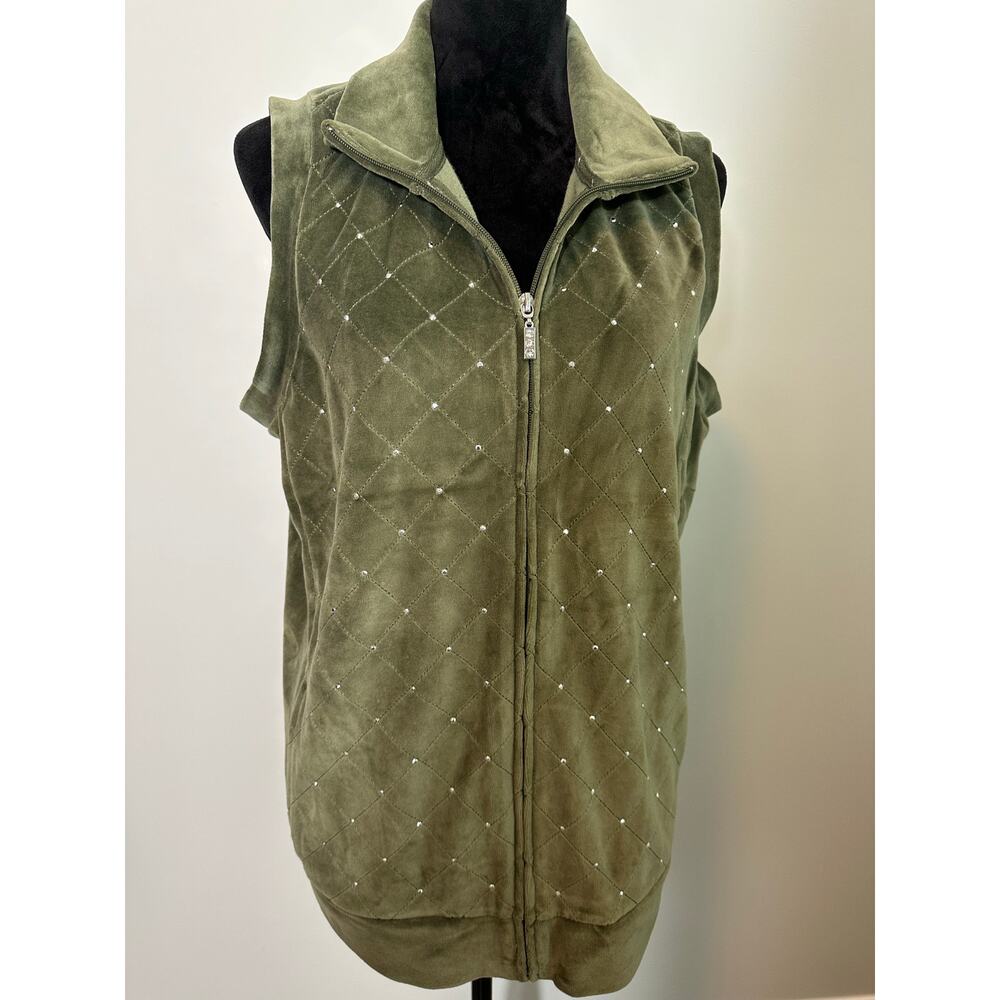 Quacker Factory Jeanne Bice Women’s L Olive Green Velour Rhinestone Quilted Vest